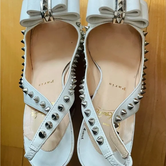 Authentic Christian Louboutin Lady Clou 150 White Studded Peep-Toe Heels